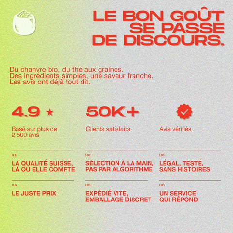 Texte en français décrivant les avantages de la marque, avec des mentions de qualité suisse, sélection manuelle et service rapide.