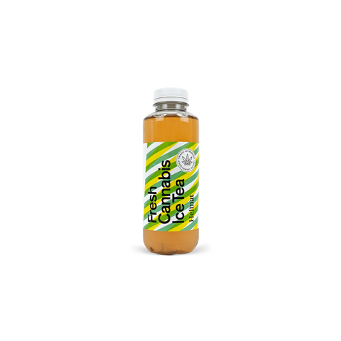 A bottle of Heimat Fresh Cannabis Ice Tea with a green and white striped label, featuring a cannabis leaf emblem.