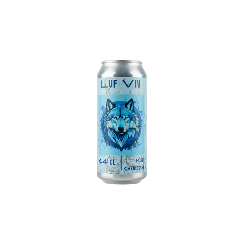 A can of LUF Viv hemp drink featuring a blue wolf design, with a capacity of 44 cl and the text 'Kalt geniessen' on the label.