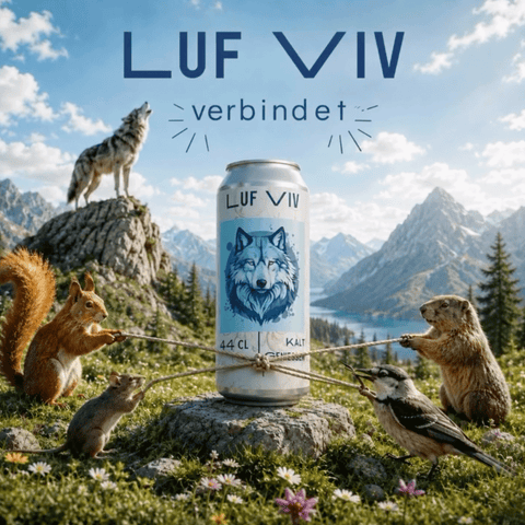A can of LUF VIV hemp drink with a wolf illustration, surrounded by animals in a mountainous landscape.