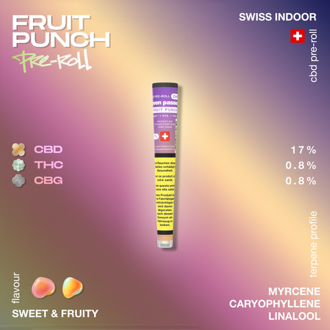 Fruit Punch pre-roll joint with CBD, THC, and CBG percentages, sweet and fruity flavor, and terpene profile including myrcene, caryophyllene, and linalool.