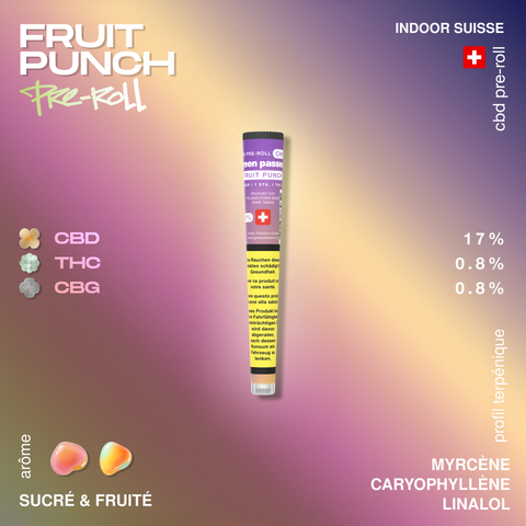Pré-roll Fruit Punch de Green Passion avec 17% de CBD, 0,8% de THC et CBG, arôme sucré et fruité, présenté sur un fond dégradé coloré.