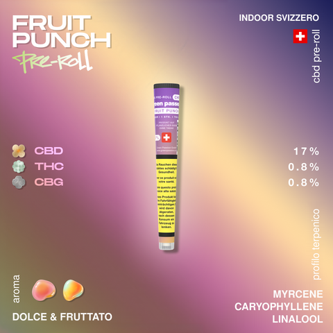 Confezione di un pre-roll CBD 'Fruit Punch' di Green Passion con aromi dolci e fruttati, contenente 17% CBD, 0,8% THC e 0,8% CBG.