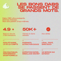 Texte en rouge sur fond dégradé avec des évaluations et des avantages du produit CBD Dab, mettant en avant la qualité suisse et l'expédition rapide.