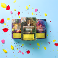 CBD Popcorn Indoor Set mit Maui Wowy, Fruit Punch, Amnesia Haze vor farbigem Konfetti – Green Passion Popcorn Blüten kreativ inszeniert