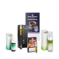 Green Passion Coffret produit – CBD Vape Pen, Zkittles Cartouche, thé au chanvre, huile de CBD et DOLOCAN sérum visage dans une photo de groupe stylée, détourée avec emballages.