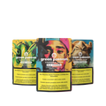 Drei bunte Verpackungen von „Green Passion Cannabis Hash“ im Crumbly Set, mit verschiedenen Designs und Warnhinweisen, auf weißem Hintergrund.