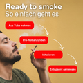 Mann raucht Fruit Punch Pre-Roll CBD Joint, Pfeile zeigen Schritte: aus Tube nehmen, anzünden, inhalieren, entspannen.