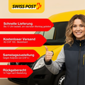 Eine Frau steht vor einem gelben Lieferwagen der Swiss Post und zeigt den Daumen hoch; daneben sind Lieferoptionen und Rückgaberecht beschrieben.