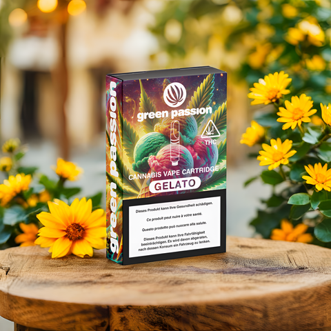 CBD Vape Cartridge Gelato von Green Passion im Outdoor-Moodbild mit gelben Blumen – stylisches Produktbild für den Online-Shop Schweiz