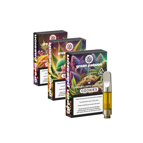 CBD Vape Cartridges Set von Green Passion kaufen – Set aus drei 1ml Kartuschen mit den Geschmacksrichtungen Gelato, Cookies und Zkittles, stilvoll verpackt und perfekt für ein individuelles Dampferlebnis.
