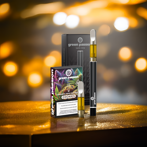 CBD Vape Set von Green Passion – Cookies Cartridge mit 55% CBD und stylischer Vape Pen Akku. Perfekte Kombination für vollen Geschmack und Genuss.