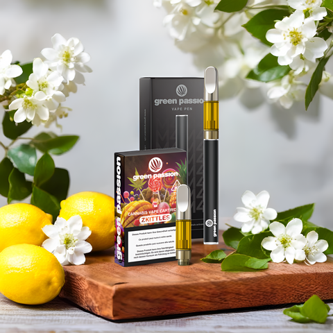 CBD Vape Set Zkittles von Green Passion – tropischer Geschmack mit 55% CBD. Enthält hochwertigen CCELL Akku für volles Aroma und weichen Dampf.