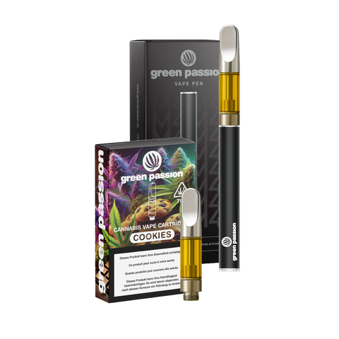 CBD Vape-Set Cookies von Green Passion – hochwertiges Set mit Vaporizer und 1ml Cookies-Kartusche, inklusive stylischer Verpackung, ideal für ein intensives Geschmackserlebnis.