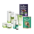 CBD Wellbeing-Set with 20% CBD: Various products like oils, creams, and tea in attractive packaging, perfect for relaxation and care.