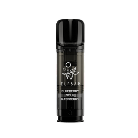 Elfbar ELFA Pro Prefilled Pod, 2ml, Geschmacksrichtung Blueberry Sour Raspberry, schwarze Kartusche mit Logo und Fruchtgrafik auf weißem Hintergrund.