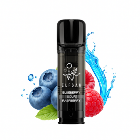 Elfbar ELFA Pro Pod in Blueberry Sour Raspberry Geschmacksrichtung, umgeben von saftigen Blaubeeren und Himbeeren mit spritzigem Wassereffekt.