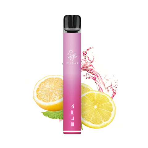 Elfbar ELFA Pro Prefilled Pod Kit in Pink Lemonade vor spritzigen Zitronen und pinkem Spritzer, stilvoll und erfrischend präsentiert.