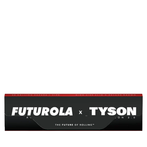 Mike Tyson 2.0 x Futurola King-Size Slim Brown Papers mit Tips, schwarze Verpackung mit weißem Text, rote Akzente.