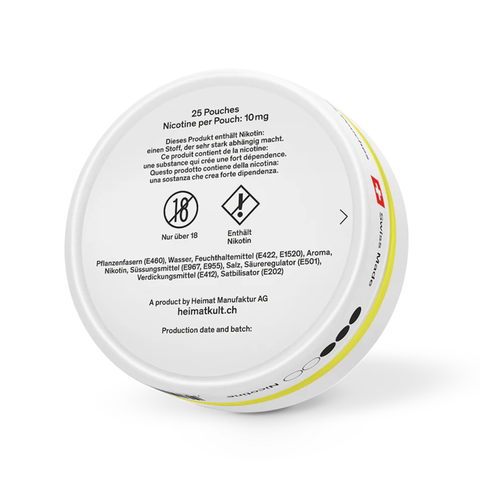 Rückseite der Heimat Nicotine Pouches Fresh Lemon Dose mit Inhaltsstoffen, Nikotinwarnung und Herstellerinformationen, weißer Hintergrund.