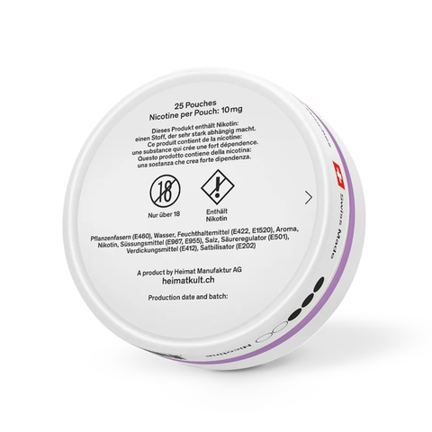 Rückseite der Heimat Nicotine Pouches Frosty Berry Dose mit Inhaltsstoffen und Warnhinweisen, betont 18+ Altersbeschränkung und Nikotingehalt.