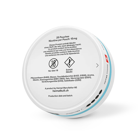 Rückseite der Heimat Nicotine Pouches Menthol Ice Dose mit Inhaltsstoffen, Warnhinweisen und Herstellerinformationen, 25 Pouches, 15mg Nikotin pro …