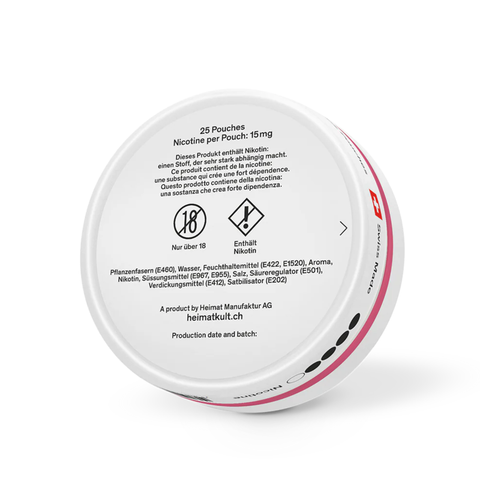 Rückseite der Heimat Nicotine Pouches Dose, Wild Cherry, mit Inhaltsstoffen, Warnhinweisen und Herstellerinformationen, weißer Hintergrund.