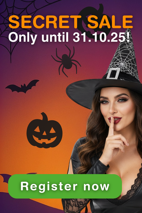 Halloween Secret Sale banner Green Passion on 31.10.25 with witch, pumpkin and spider – sign up now for exclusive deals