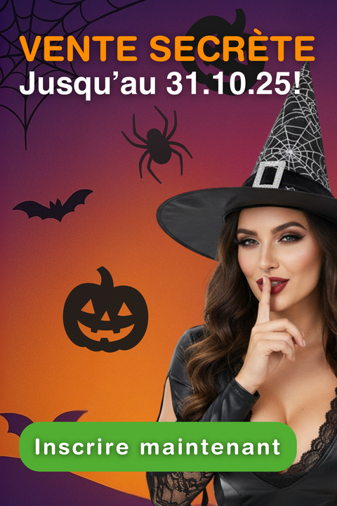 Bannière Halloween Secret Sale Green Passion le 31.10.25 avec sorcière, citrouille et araignée – inscrivez-vous dès maintenant