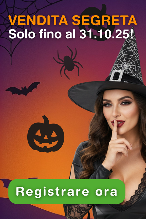 Banner di Halloween Secret Sale Green Passion il 31.10.25 con strega, zucca e ragno – iscriviti subito per offerte esclusive