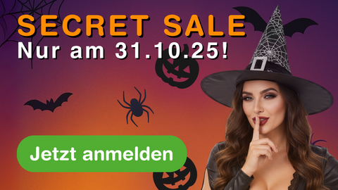 Halloween Banner Secret Sale bei Green Passion am 31.10.25 mit Hexe, Kürbis und Spinne – jetzt anmelden für exklusive Angebote