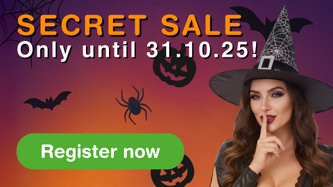 Halloween Secret Sale banner Green Passion on 31.10.25 with witch, pumpkin and spider – sign up now for exclusive deals