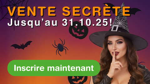 Bannière Halloween Secret Sale Green Passion le 31.10.25 avec sorcière, citrouille et araignée – inscrivez-vous dès maintenant