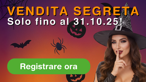 Banner di Halloween Secret Sale Green Passion il 31.10.25 con strega, zucca e ragno – iscriviti subito per offerte esclusive