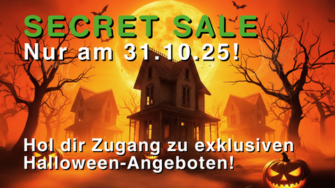 Halloween Secret Sale Banner von Green Passion mit Spukhaus, Kürbis und Vollmond – nur am 31.10.25 exklusive Halloween-Angebote