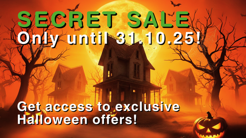 Halloween Secret Sale banner Green Passion with haunted house, pumpkin and full moon – exclusive Halloween deals on 31.10.25
