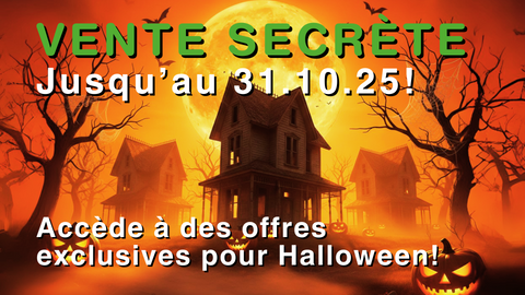 Bannière Halloween Secret Sale Green Passion avec maison hantée, citrouille et pleine lune – offres exclusives le 31.10.25