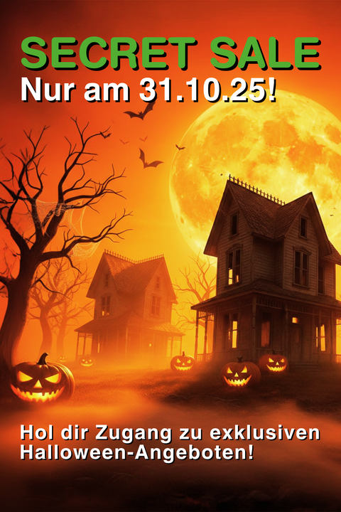 Halloween Secret Sale Banner von Green Passion mit Spukhaus, Kürbis und Vollmond – nur am 31.10.25 exklusive Halloween-Angebote