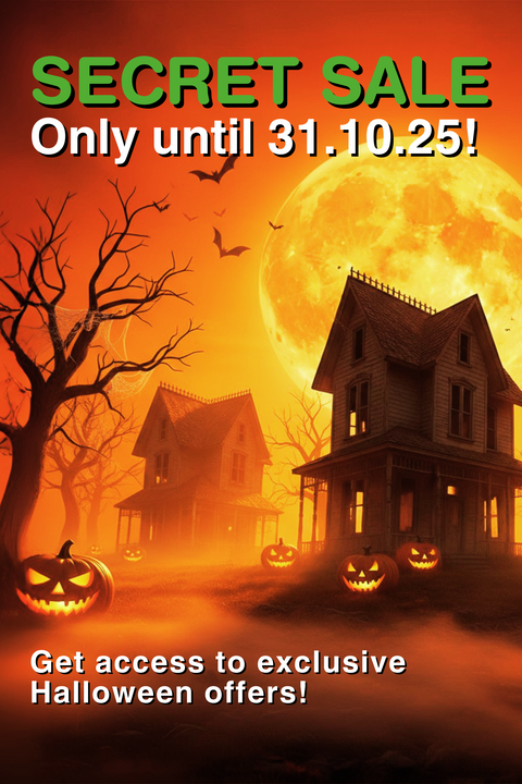Halloween Secret Sale banner Green Passion with haunted house, pumpkin and full moon – exclusive Halloween deals on 31.10.25
