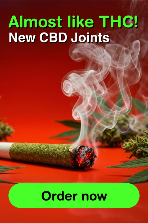 Lit CBD joint with glowing ember and smoke on red background, hemp flowers in background, promotional image for CBD joints