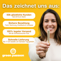 Eine Person hält einen Amnesia Haze CBD Joint vor gelbem Hintergrund mit Text zu Kundenservice und Versandoptionen des Online-Shops Green Passion.