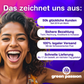 Femme souriante devant un fond coloré avec un texte sur la satisfaction client, le paiement sécurisé, l’expédition légale et la livraison rapide de Green Passion.