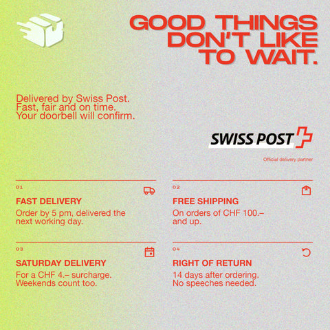 Information about shipping and delivery options by Swiss Post, including fast delivery, free shipping on orders over CHF 100, Saturday delivery, and a 14-day return policy.