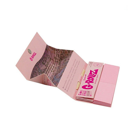 G-Rollz Papers Banksy’s Thug Life in leichtem Pink, King Size Slim, geöffnet, Zubehör von Green Passion.