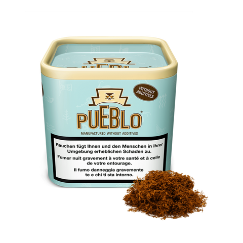 Pueblo Blue Drehtabak Dose mit Without Additives-Hinweis; daneben eine Portion Tabak sichtbar.