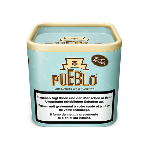 Pueblo Tabakdose ohne Zusatzstoffe – blaue Originalverpackung mit Warnhinweis, Feinschnitt-Tabak zum Drehen oder Stopfen, freigestellt auf transparentem Hintergrund.
