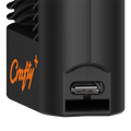 Vista dettagliata della porta USB-C su CRAFTY+ Vaporizer di Storz & Bickel – ricarica veloce e design moderno con scritta arancione CRAFTY+.