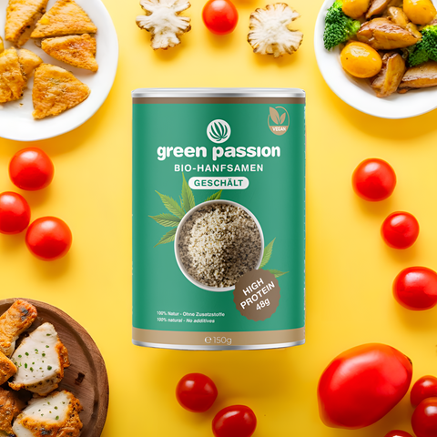 Bio-Hanfsamen geschält von Green Passion – nachhaltige Verpackung mit 100 % natürlichen Inhaltsstoffen.