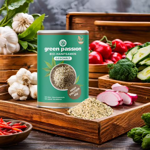 Geschälte Bio-Hanfsamen von Green Passion – nahrhafte Superfood-Samen in stilvoller Verpackung.