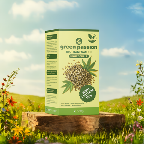 Bio-Hanfsamen ungeschält von Green Passion in stilvoller Verpackung – perfekte Ergänzung für gesunde Rezepte. Hoher Proteingehalt.